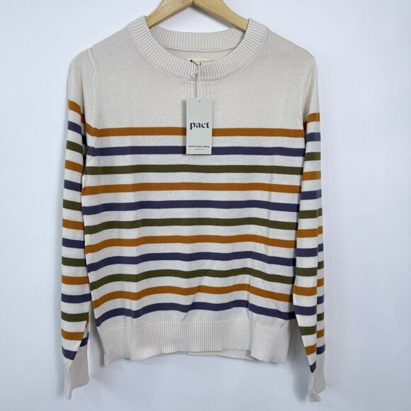 Pact Sweaters - Pact Fine Knit Classic Organic Cotton Sweater Womens Size L Multicolor Striped